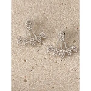 Silver Tone Rhinestone Heart Ear Jacket Earrings Front Back Studs Romantic
